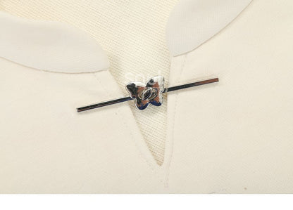 Cheongsam Style Butterfly Print Black/Apricot Banded Collar Sweatshirt