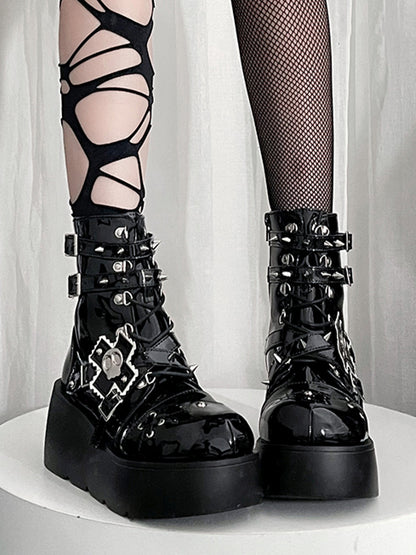 Metal Skull Polished Black Punk Wedge Platform Boots Spike Stud Detailing