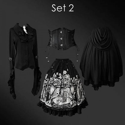 Plus Sizes Available Dark Gothic Lolita Full Set - Black Long Sleeves Shirt + Skirt + Corset Belt