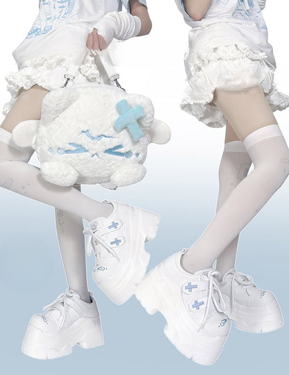 Yami Kawaii Matte White Cross Velcro Strap Kitty Ears Design Platform Shoes