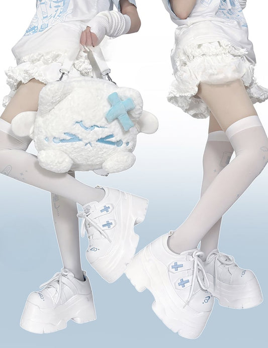 Yami Kawaii Matte White Cross Velcro Strap Kitty Ears Design Platform Shoes