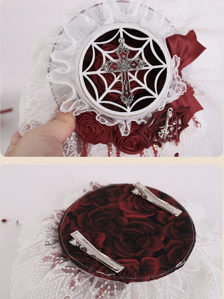 Gothic Cross and Sword White and Red Rosettes Bowknot Mini Flat Hat with Beads