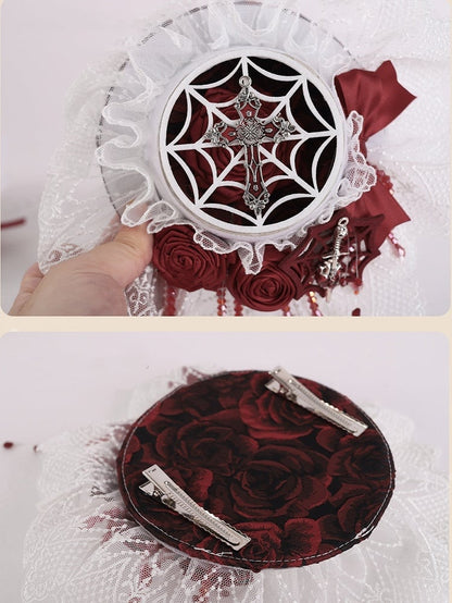 Gothic Cross and Sword White and Red Rosettes Bowknot Mini Flat Hat with Beads