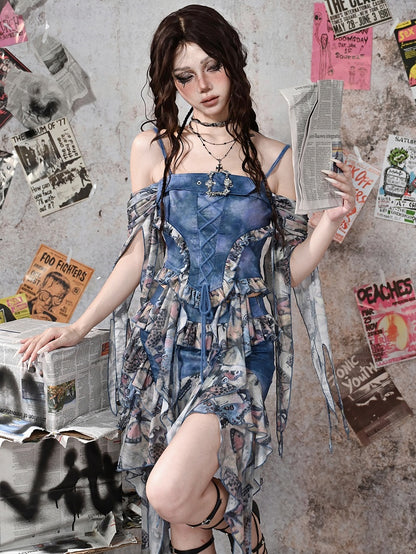 Grunge Punk Rock Fairycore Blue Butterflies Print Mesh Patchwork Design PU Top Flounce Hem