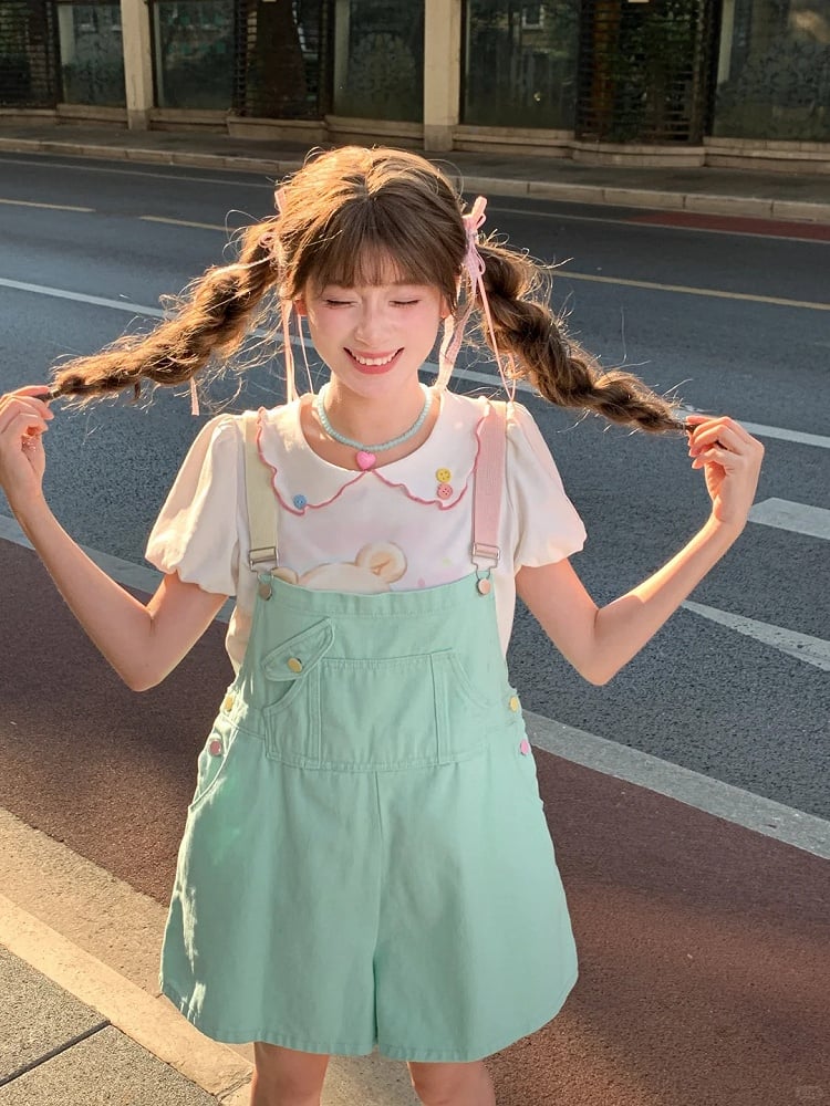 Candy Color Pink/Mint Green Denim Overall Shorts