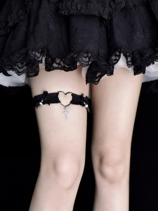 Black/White Punk Cross Charm Bowknot Details Garter