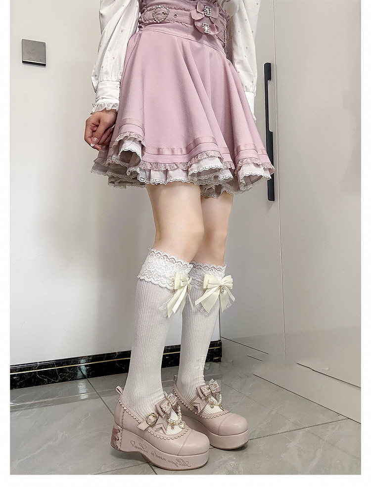 Apricot Bow Detail Front Heart Rhinestone Jirai Kei Under Knee Stockings