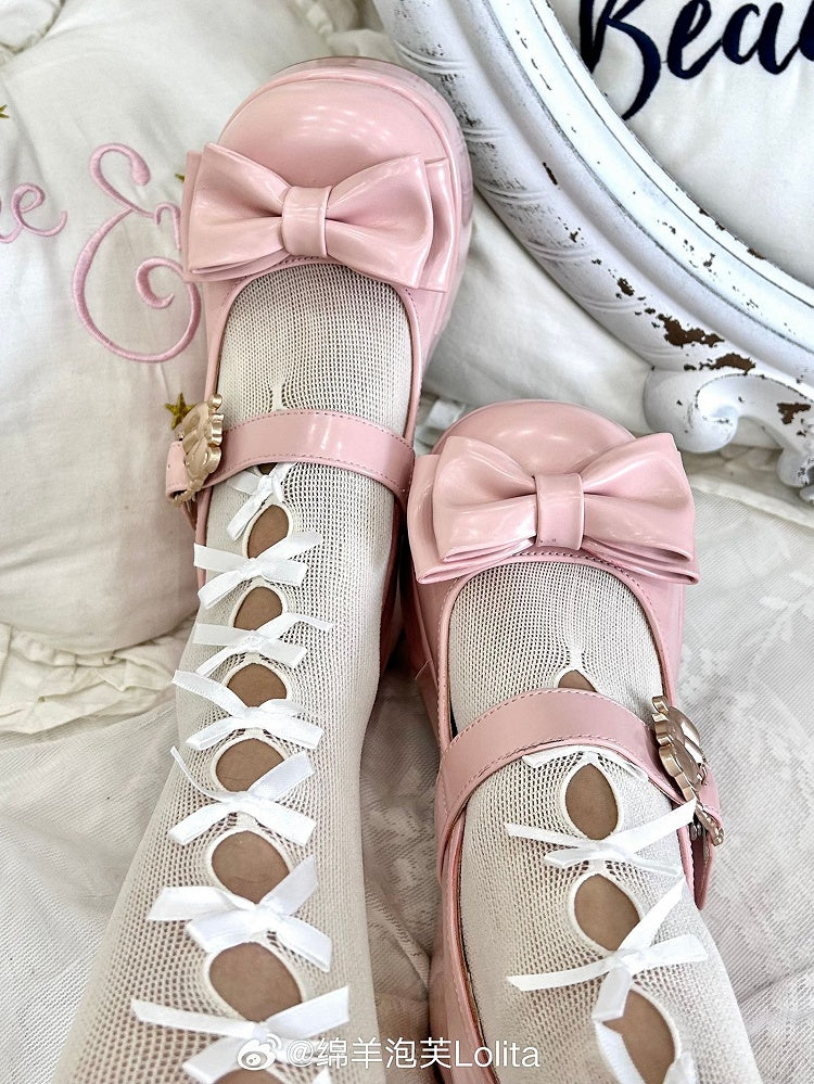Hugging Bear Heart Buckle Pink Bow at Top Platform Mary Janes with Velcro Strap