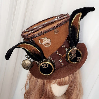 Brown Steampunk Gear Details Pocket Watch Chain Bunny Ear Decorated Lolita Hat