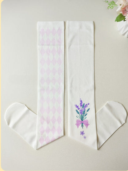 White & Pink Lavender Print Diamond Pattern Over Knee Stockings