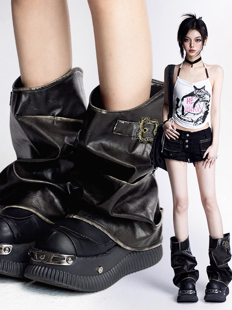 Y2K Black PU Buckle Strap Distressed Bittersweet Leg Warmers