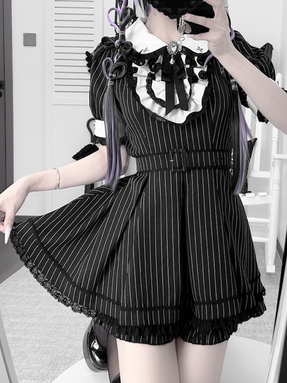 Peter Pan Collar Top with Shorts Black and White Stripes Maid Jirai Kei Set