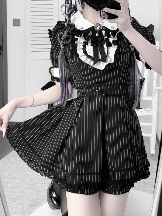 Peter Pan Collar Top with Shorts Black and White Stripes Maid Jirai Kei Set