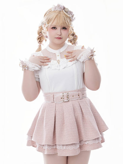 Jirai Kei White Illusion Neckline Cutout Shoulder Short Sleeve Blouse with Free Bowtie