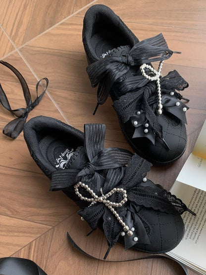 Black Beaded Decorated Bow at Top Lace Front Lace-up Ties Sneakers