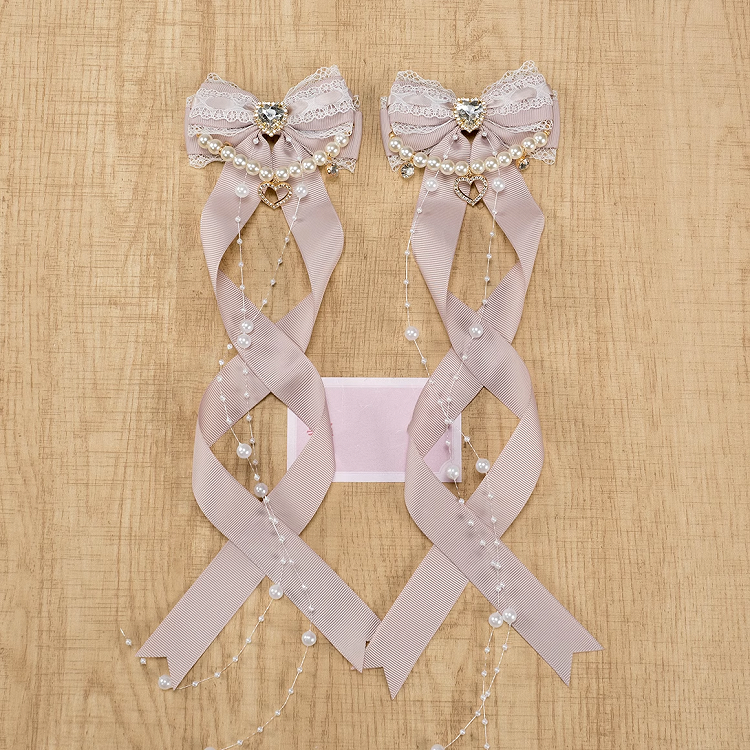 5 Colors Jirai Kei Heart Rhinestone Bow Hairclips with Beaded Chains