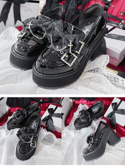Polished Black Jirai Kei Cross Chain Decorated Bow Rhinestoned Buckles Platform Loafers