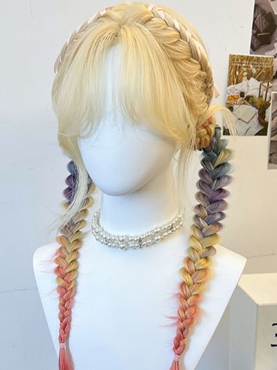 Yellow Braided Synthetic Wig With Curtain Bangs + Double Rainbow Ponytails