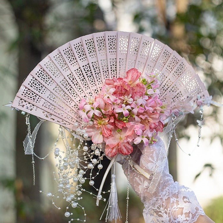 Purple/Green/Pink/Yellow Beaded Charm Floral Design Folding Fan