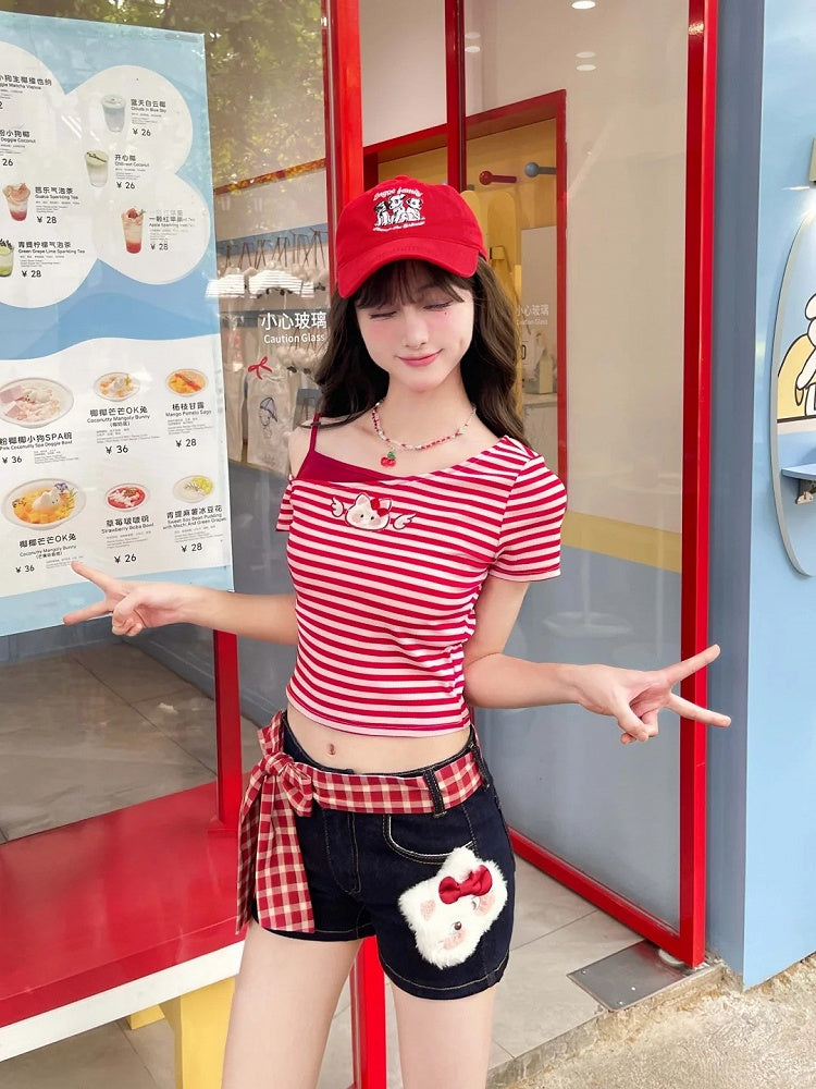 Dark Blue Straight-leg Denim Shorts with Kitty Plushie and Red Plaid Waist Accessory