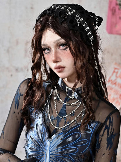 Grunge Punk Rock Black Studs Design Mesh Triangle Scarf KC Cross Charms Chain Detail