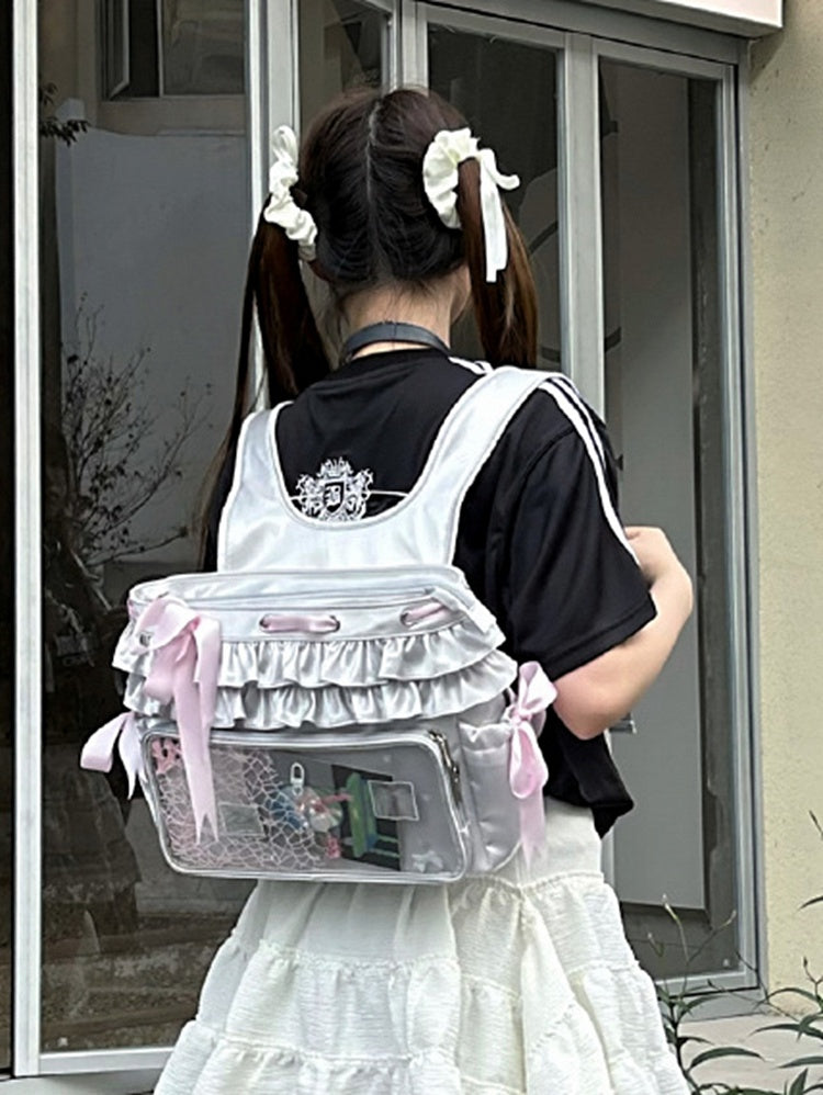 Silver Ruffle Trim Bow Accents Balletcore Ita Backpack