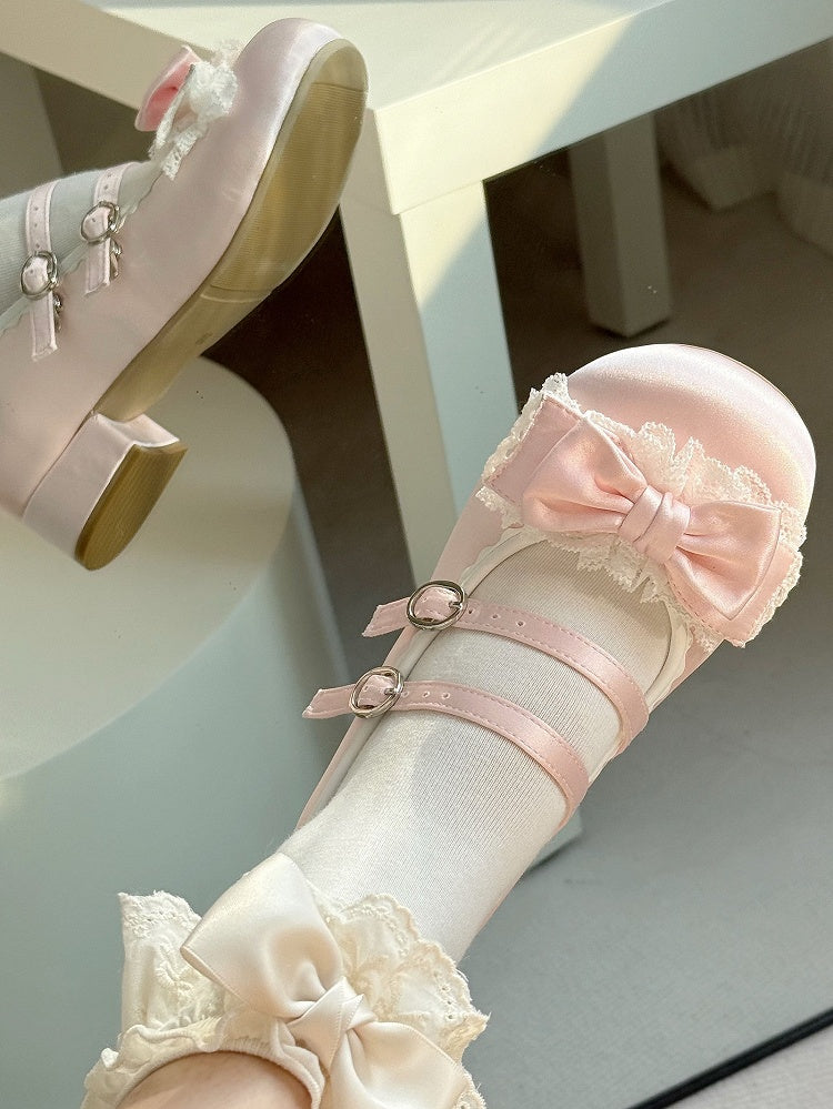 Sweet Pink Lolita Mary Janes - Ruffled Lace Edging, Ornate Bow & Dual Fasteners