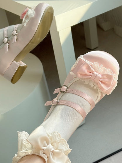 Sweet Pink Lolita Mary Janes - Ruffled Lace Edging, Ornate Bow & Dual Fasteners