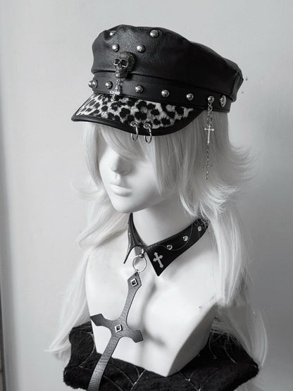 Y2K Gyaru Fashion Leopard PU Cross Charm Punk Studded Hat