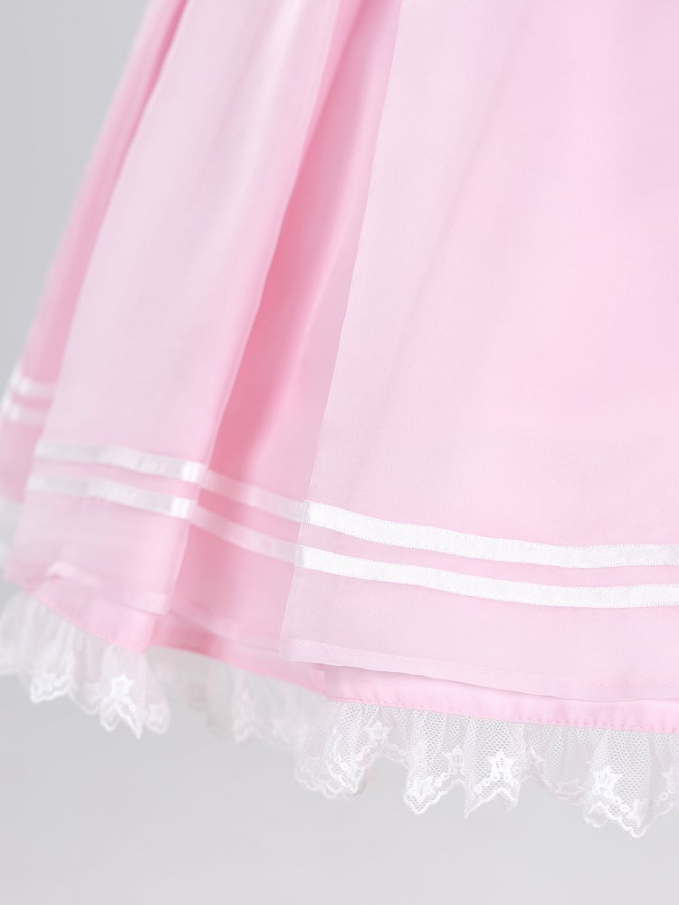 Star Lace Trimmed Sailor Collar Short Sleeves Pink Lolita Dress with a Free Bowtie Magical Girl Dress