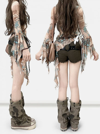 Khaki Asymmetrical Neckline Print Design Cascading Ruffle Accents Long Sleeves Top