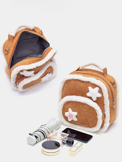 Chic 2-Way Small-Sized Brown Backpack With Plush Trim And Fuzzy Star Accents