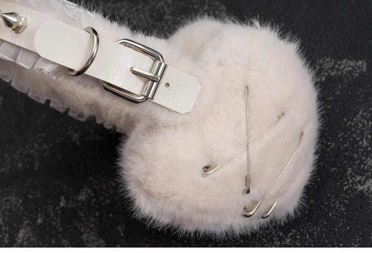 White Handmade Studs and Pins Ruffle Hem Heart Plush Earmuffs