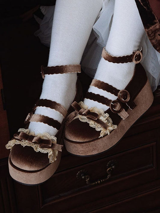 Lace Trim Bowknot at Top Velvet Dark Brown Buckle Straps Platforms