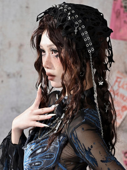 Grunge Punk Rock Black Studs Design Mesh Triangle Scarf KC Cross Charms Chain Detail