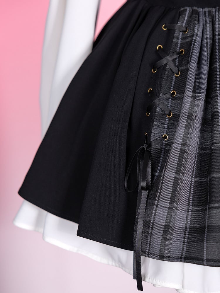 Black and Gray Plaid Jirai Kei Skirt with Removable Straps