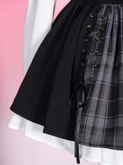 Black and Gray Plaid Jirai Kei Skirt with Removable Straps