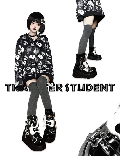 Buckle Straps Plush Bone Decorated Polished Black Punk Platform Boots