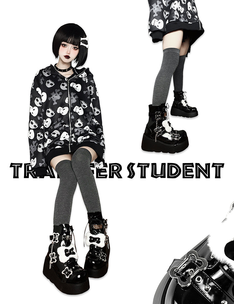 Buckle Straps Plush Bone Decorated Polished Black Punk Platform Boots