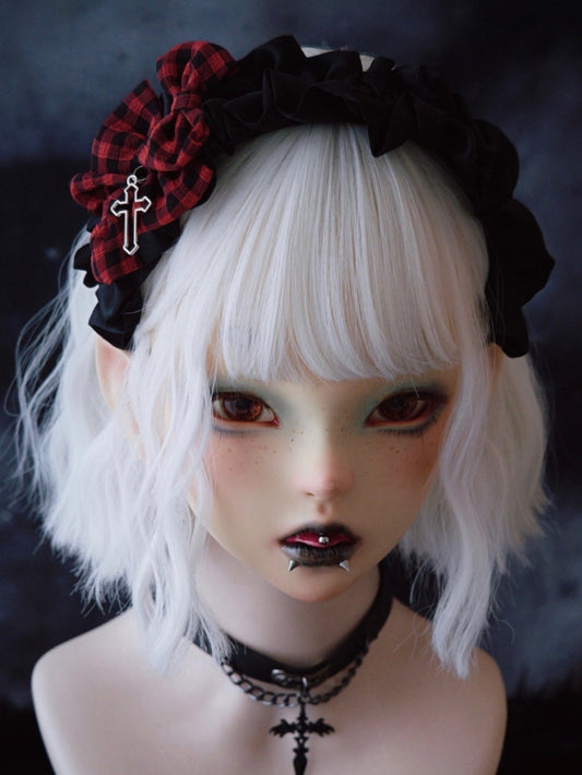 Black Ruffle Trim With Three Plaid Pattern Bowknots Cross Charm Design KC