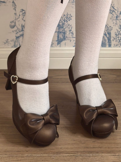 Brown PU Leather High-heel Shoes in Elegant Lolita with Rhinestone Heart Accent & Bow at Top