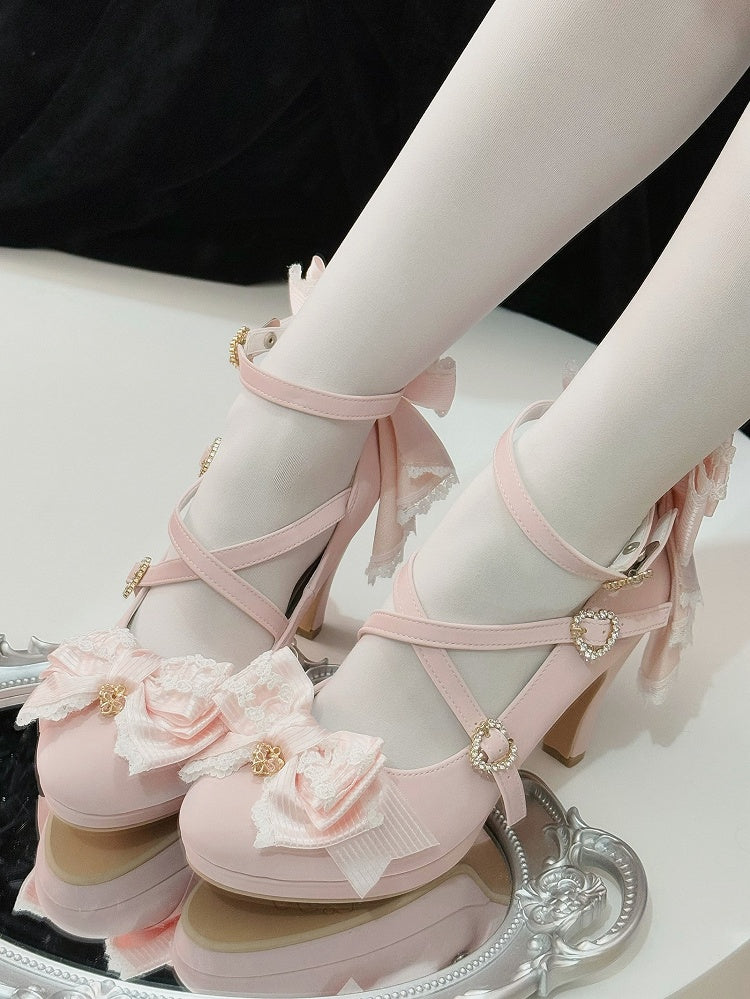 Pink Crisscross Design Heart Buckle Bow at Top High Heels