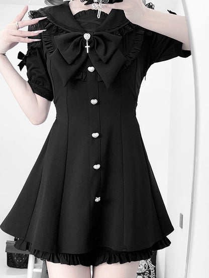 Black Jirai Kei Set - Sailer Collar Sweetheart Buttons Short Sleeves Top + Shorts + Bow Tie