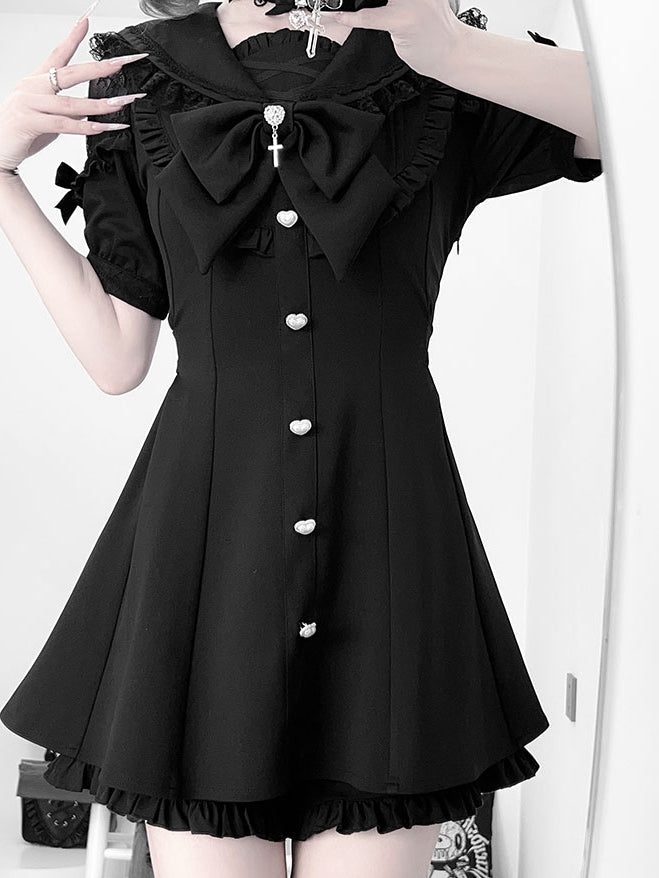 Black Jirai Kei Set - Sailer Collar Sweetheart Buttons Short Sleeves Top + Shorts + Bow Tie