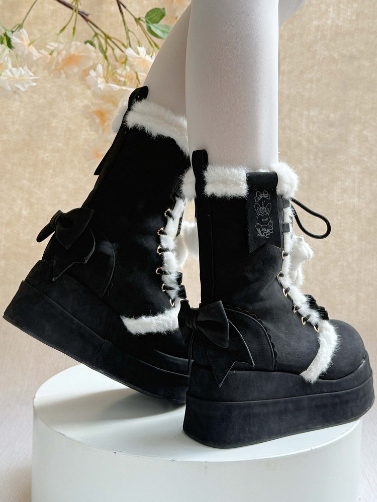 Plush Lined & Romantic Bow Accents Platform Black Boots in Sweet Lolita