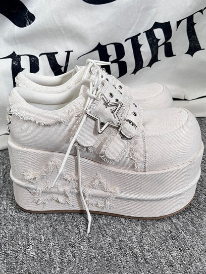 Gyaru Fashion Distressed Stars White Denim Platforms