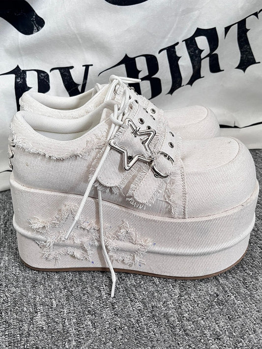 Gyaru Fashion Distressed Stars White Denim Platforms
