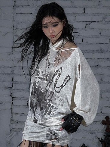 Beige/Khaki Wasteland Punk Distressed Holes Asymmetrical Neckline Sun Protection Top