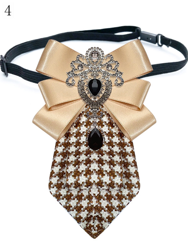 4 Options Rhinestone Decorated Bowknot Design Houndstooth Pattern Neck Tie