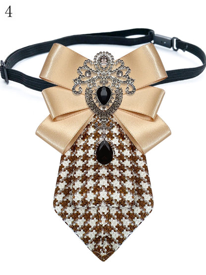 4 Options Rhinestone Decorated Bowknot Design Houndstooth Pattern Neck Tie